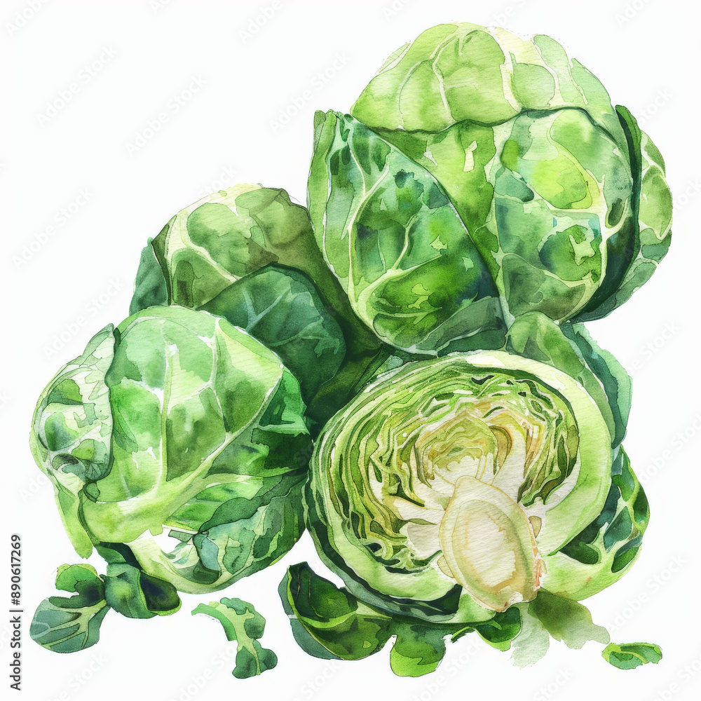 Fototapeta premium A watercolor painting of fresh Brussels sprouts, showing their detailed textures and vibrant green color, isolated on white background.