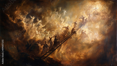 Obraz na płótnie The vision of Jacob's ladder, with angels ascending and descending a ladder reaching from earth to heaven, and Jacob dreaming at the foot of the ladder. w salonie