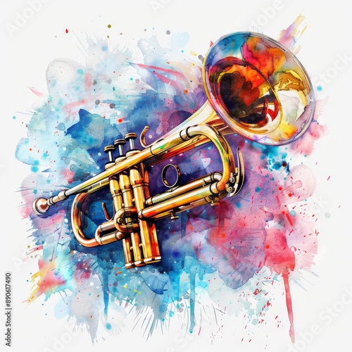 A colorful watercolor illustration of a trumpet, with bold and dynamic color variations, isolated on white background.