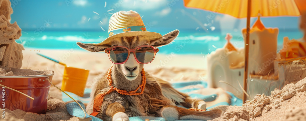 A mellow goat lounging on a beach blanket, with a sun hat and oversized sunglasses, next to a sandcastle and a pail.