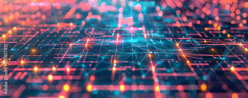 Modern tech-themed illustration showcasing a square grid pattern with interconnected lines and dots, representing data networks and digital connectivity.