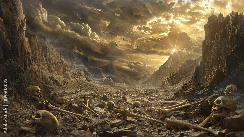 The vision of the valley of dry bones, with bones coming together, being covered with flesh, and coming to life.