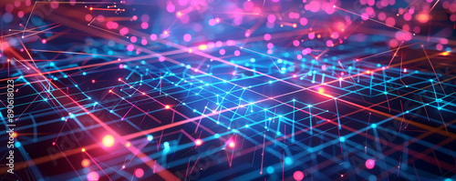 A sophisticated technology illustration with a square grid, intersecting lines, and glowing dots, representing modern digital networks.