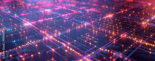 Advanced technology illustration showcasing a square grid pattern, lines connecting various points, and glowing dots, illustrating digital networks.