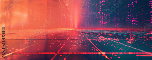 Advanced technology-themed artwork featuring a square grid, lines connecting dots, and illuminated points, representing digital networks.