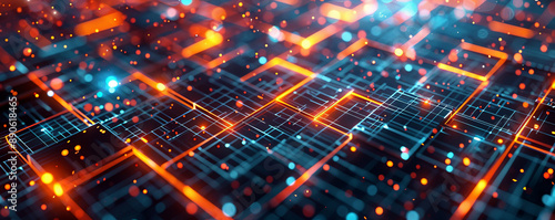 A high-tech illustration showcasing a square grid, crisscrossing lines, and illuminated dots, highlighting the complexity of modern tech.