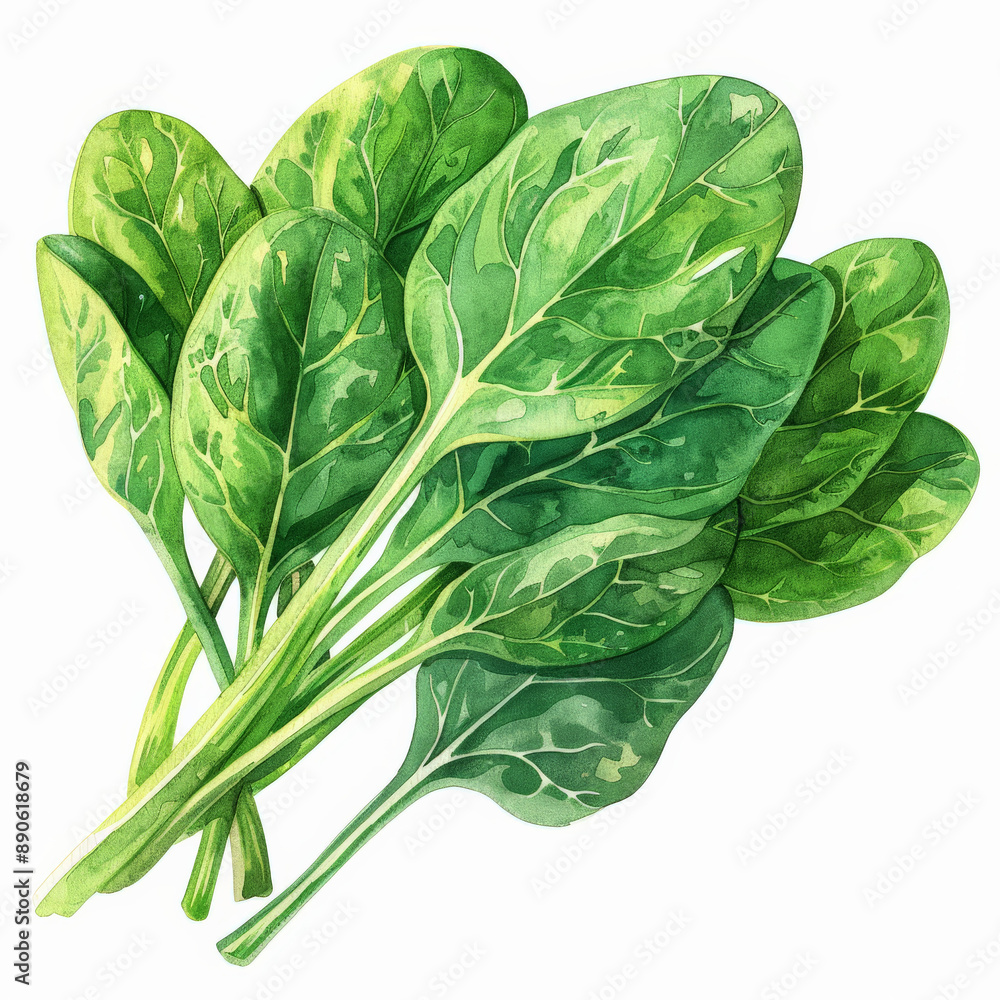 Fototapeta premium A watercolor illustration of a fresh spinach bunch, showcasing its vibrant green leaves, isolated on white background.