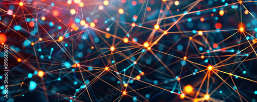 Advanced technology illustration with a square grid, lines connecting various points, and illuminated dots, symbolizing digital interconnectivity.