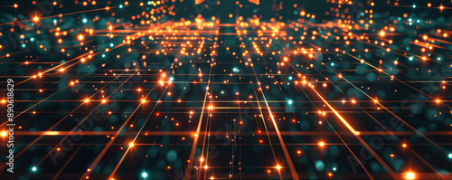 A sophisticated technology illustration with a square grid, intersecting lines, and glowing dots, representing modern digital networks.