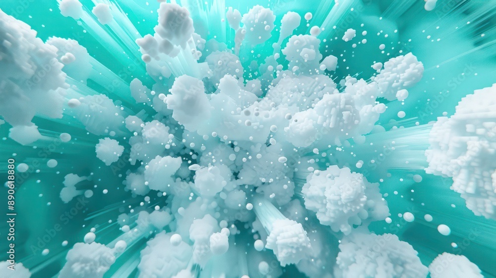 a 3D background featuring particle explosions in cool turquoise and white, creating a sense of lively energy and movement. a 3D background featuring particle explosions in cool turquoise and white, creating a sense of lively energy and movement.