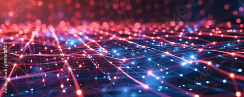 A high-tech illustration with a square grid background, lines connecting dots, and illuminated points, symbolizing advanced digital networks.