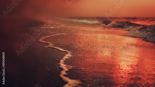 Dramatic Sunset Scenery of Polluted Beach with Crimson Tones photo