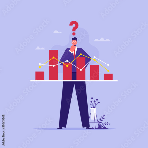 Investment losses or failures, stock market declines concept, businessmen look at the deteriorating earnings charts, decreasing investment profits or income