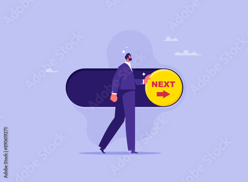 Next level or step in business or concept, businessman push switch button with the word next to on position