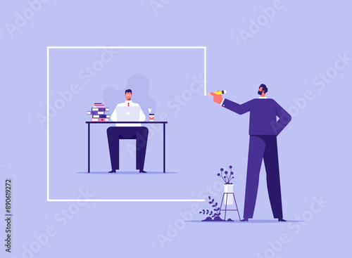 Mentorship in workplace concept, scope of work, guidance for employee to work within framework, manager drawing boundary line around businessman on office desk