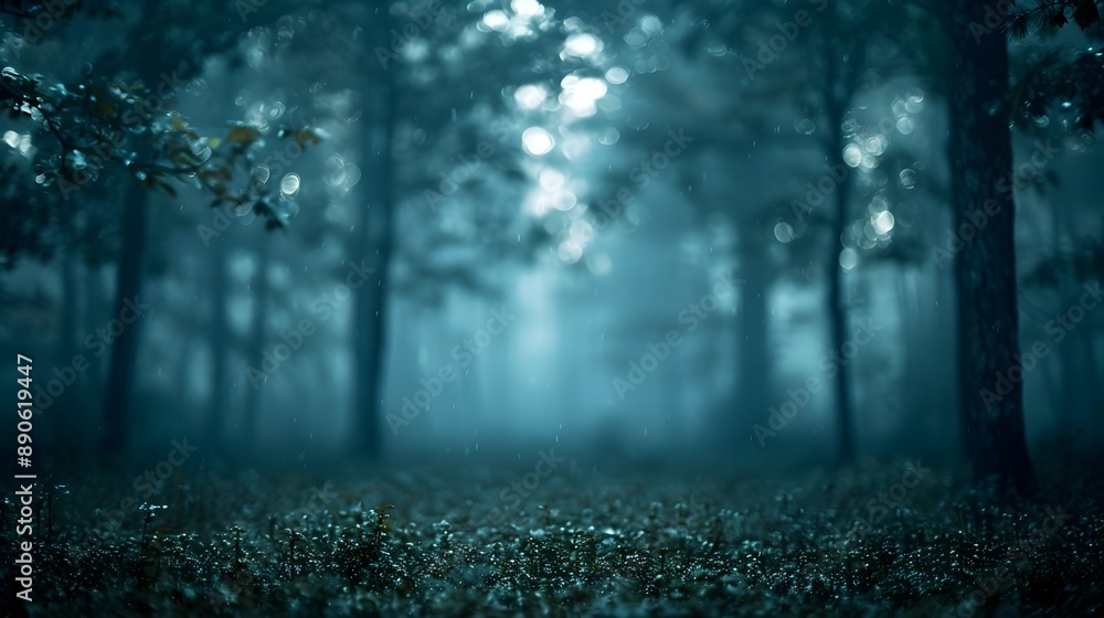 Obraz premium Mysterious Nighttime Forest Enveloped in Moody Shadows and Hazy Atmosphere