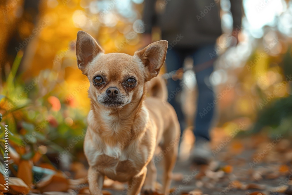 A brown Chihuahua walks with her owner in an autumn park. Generative AI A brown Chihuahua walks with her owner in an autumn park. Generative AI