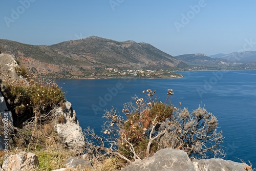 View of Agia Kyriaki and Myrtoan sea from Monemvasia island.Peloponnese. Laconia. Greece.  photo