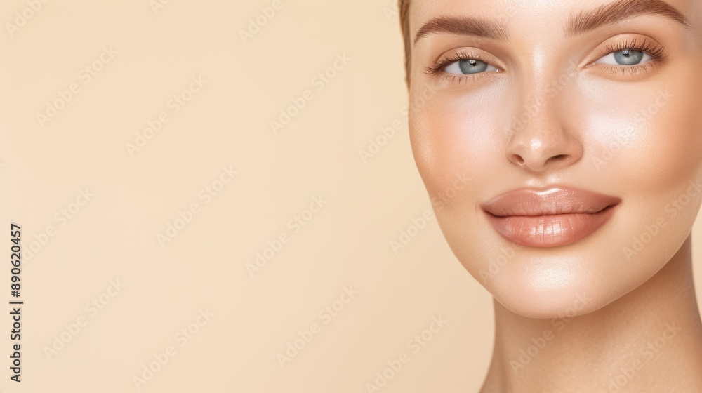 Fototapeta premium A beauty model with smooth skin and a gentle smile, her head resting on her hand, high-resolution photo, realistic photo, hyper realistic