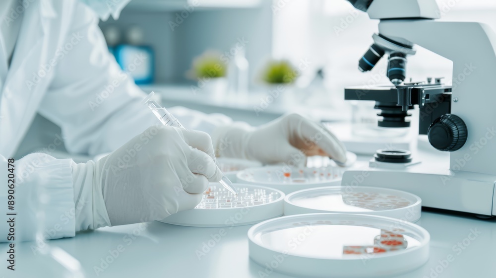 A bioengineer working on a tissue engineering project, with petri dishes and advanced microscopes in a well-equipped lab A bioengineer working on a tissue engineering project, with petri dishes and advanced microscopes in a well-equipped lab