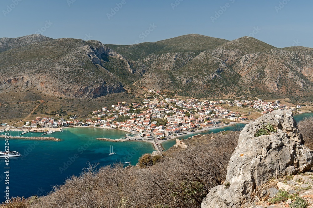 Fototapeta premium View of Gefyra town and Myrtoan sea from Monemvasia island, Upper Town. Peloponnese. Laconia. Greece.