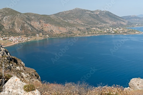 View of Agia Kyriaki and Myrtoan sea from Monemvasia island.Peloponnese. Laconia. Greece.  photo