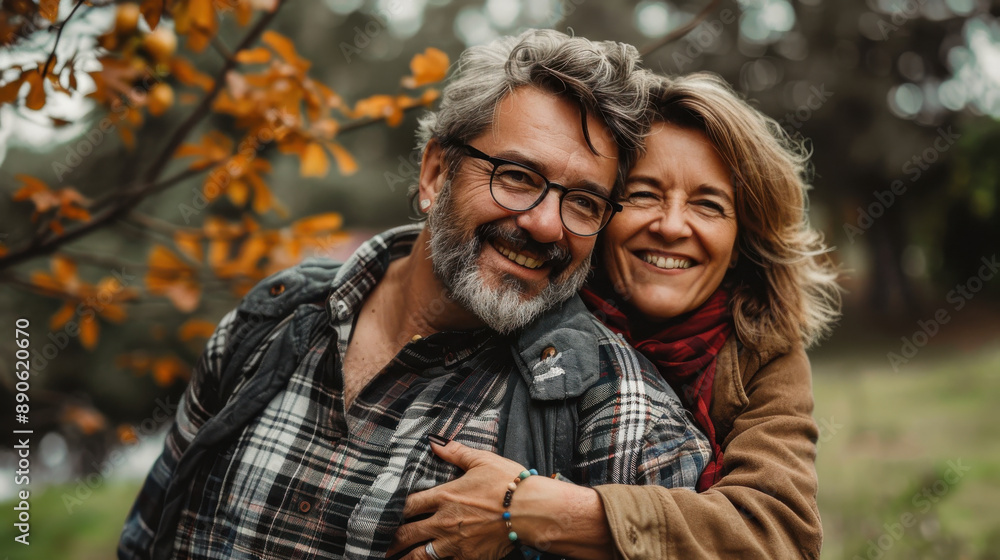 A happy middle-aged couple hugging and smiling together in a park, enjoying their time outdoors A happy middle-aged couple hugging and smiling together in a park, enjoying their time outdoors
