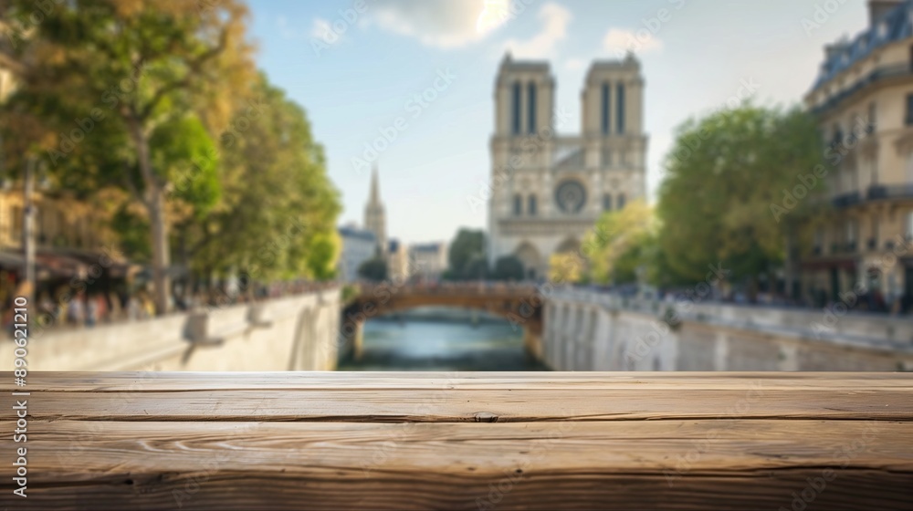 Fototapeta premium close up of rustic empty wooden table with blurred Notre-dame gothic cathedral church background