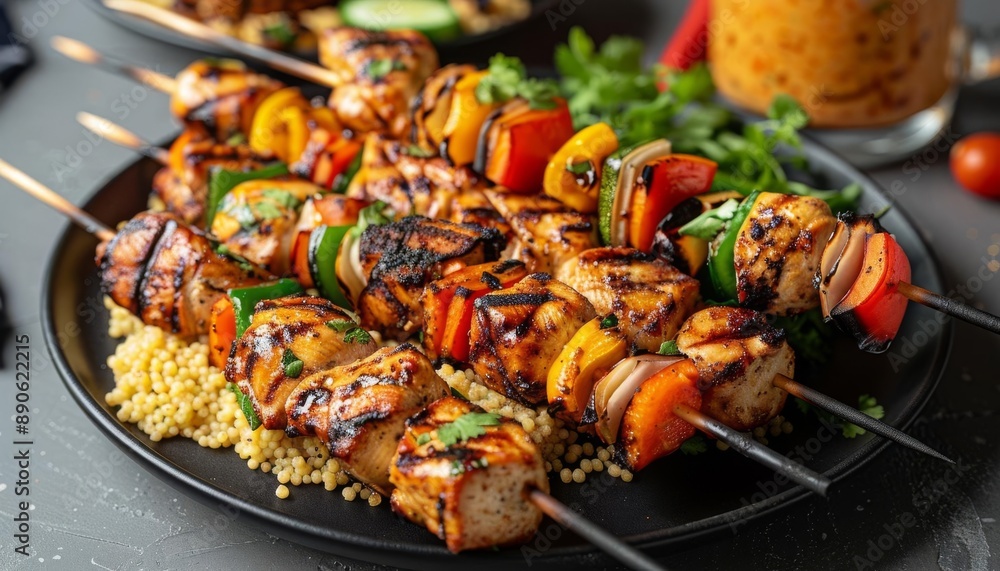 Grilled chicken skewers with a side of grilled vegetables on a sleek black plate, Grilled kebab with couscous and vegetables on a plate Grilled chicken skewers with a side of grilled vegetables on a sleek black plate, Grilled kebab with couscous and vegetables on a plate