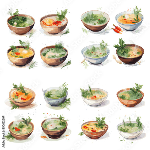 A set of twelve bowls of various soups and broths