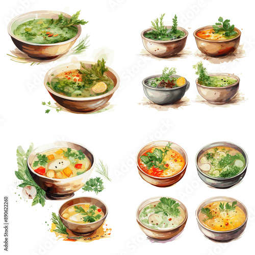 A collection of bowls filled with various types of soup