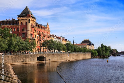 Smetanovo Nabrezi riverfront in Prague. Top landmarks of Czech Republic.