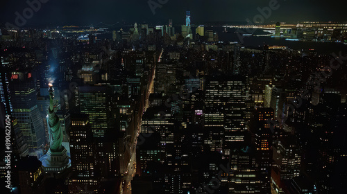 Wallpaper Mural A nighttime aerial shot of the Statue of Liberty, with the lit-up office buildings of Manhattan and Brooklyn reflecting the vibrancy of New York City's nightlife. Torontodigital.ca