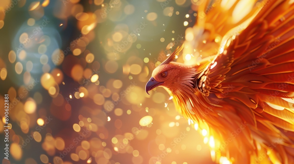 Vibrant and majestic phoenix in flight with glowing feathers, surrounded by sparkling bokeh lights, symbolizing rebirth and strength. Vibrant and majestic phoenix in flight with glowing feathers, surrounded by sparkling bokeh lights, symbolizing rebirth and strength.
