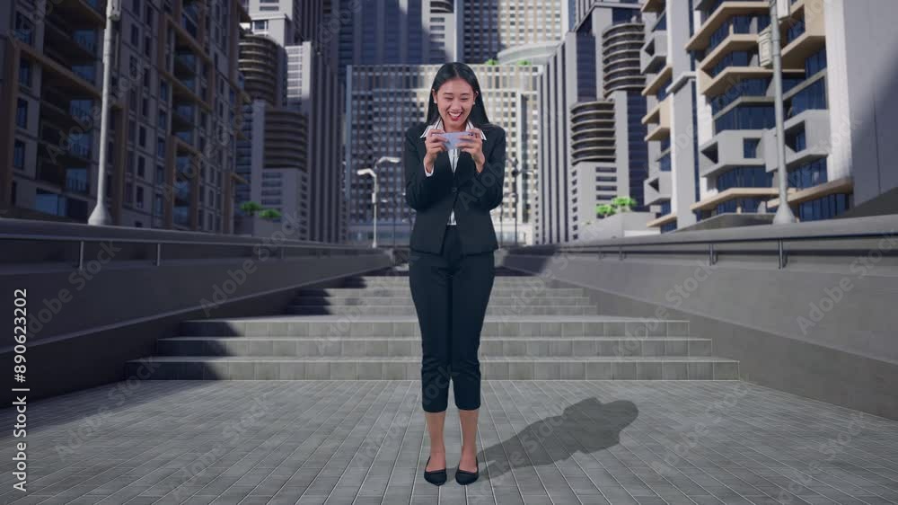 Full Body Of An Asian Business Woman Celebrating After Winning Game On Mobile Phone While Standing In Urban City Full Body Of An Asian Business Woman Celebrating After Winning Game On Mobile Phone While Standing In Urban City