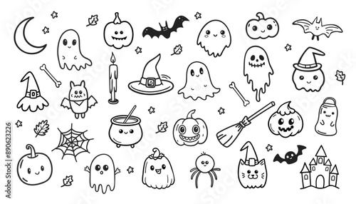 Halloween doodle set, holiday spooky October funny icon, vector horror cartoon scribble, skull, cat. Mystery scary celebration symbol. Vector illustration.
