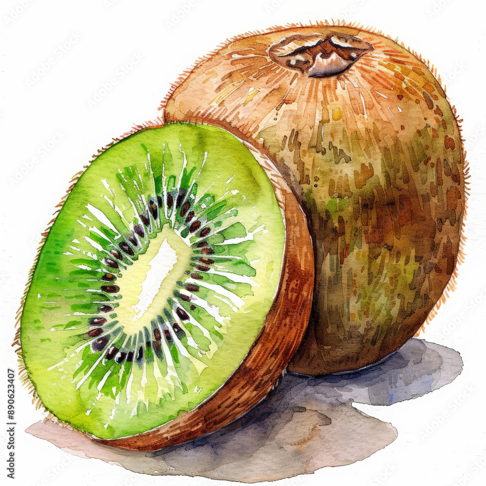 A watercolor painting of a fresh kiwi, showing the detailed brown skin and vibrant green interior, isolated on white background.