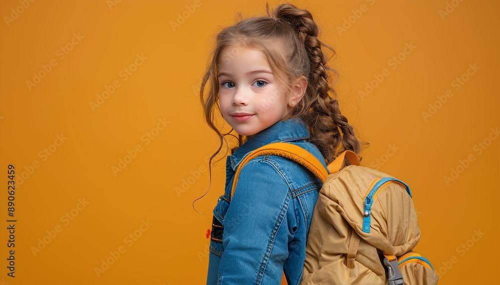 Child with backpack for back to school season. Cute child with backpack and books isolated on yellow background as concept for back to school. Girl with school supplies Child with backpack for back to school season. Cute child with backpack and books isolated on yellow background as concept for back to school. Girl with school supplies