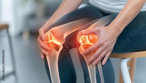 Woman suffers from pain in knee injury, tendon problems from a workout and osteoarthritis and articular inflammation, Woman suffering from pain in knee