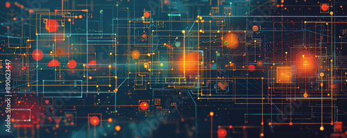 A sophisticated technology illustration featuring a square grid, lines connecting dots, and illuminated points, symbolizing modern tech networks.