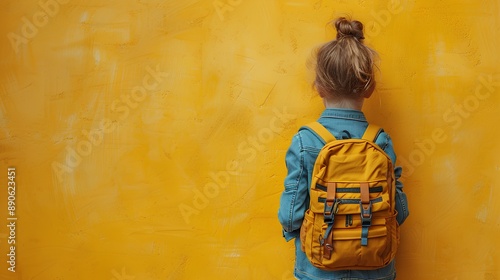 Child with backpack for back to school season. Cute child with backpack and books isolated on yellow background as concept for back to school. Girl with school supplies 