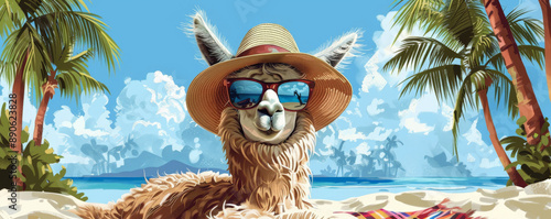 A charming llama lounging on a beach blanket, wearing a floppy sun hat and trendy sunglasses, with palm trees and a blue sky overhead.