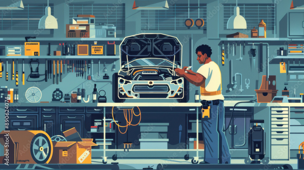 A proficient BIPOC technician in a garage, employing high-tech tools to inspect a faulty car engine, ensuring top performance. A proficient BIPOC technician in a garage, employing high-tech tools to inspect a faulty car engine, ensuring top performance.
