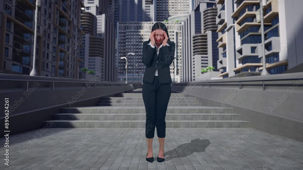 Full Body Of An Asian Business Woman Having Headache While Standing In Urban City Full Body Of An Asian Business Woman Having Headache While Standing In Urban City