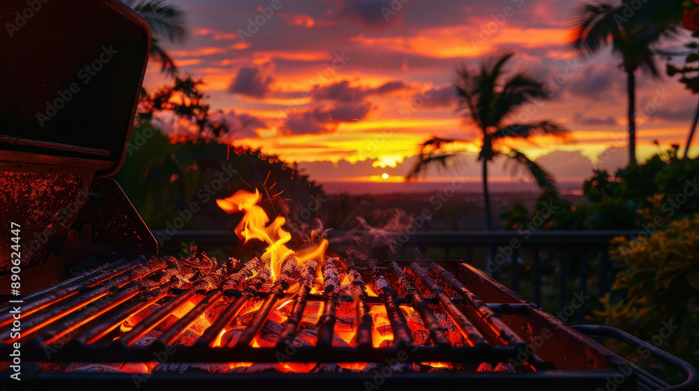 A serene sunset BBQ, grill glowing with embers, peaceful evening vibes A serene sunset BBQ, grill glowing with embers, peaceful evening vibes