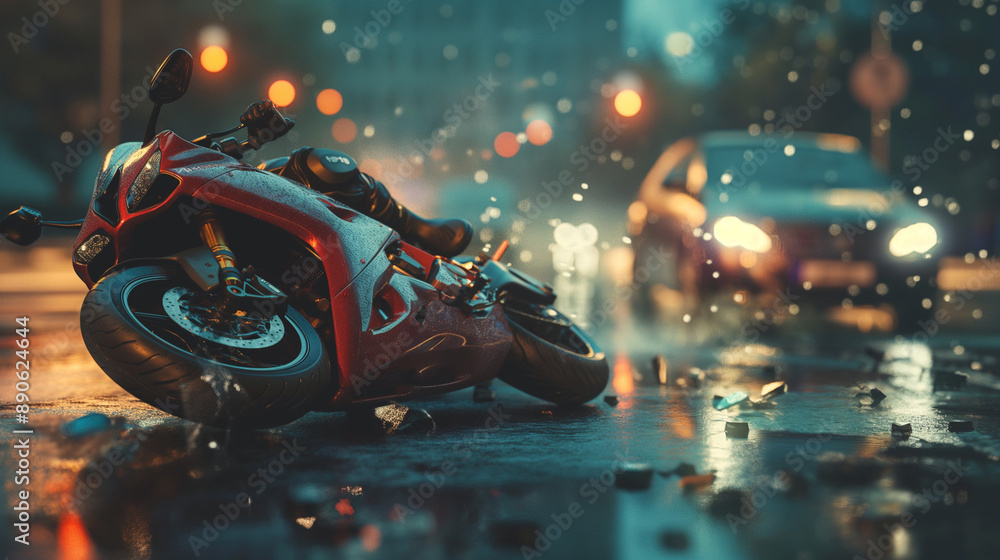 Motorcycle and car accident or crash on asphalt road. Dangerous street collision, vehicle hit bike, emergency help, careless fast driver, automobile, drunk, helmet