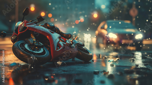 Obraz na płótnie Motorcycle and car accident or crash on asphalt road. Dangerous street collision, vehicle hit bike, emergency help, careless fast driver, automobile, drunk, helmet w salonie