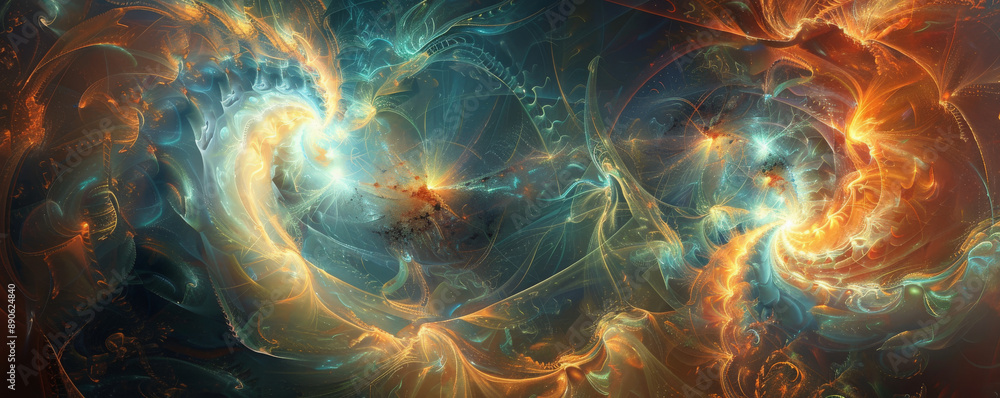 Abstract depiction of the creation of the world, with swirling cosmic elements and a central figure symbolizing God, radiating light and power. Abstract depiction of the creation of the world, with swirling cosmic elements and a central figure symbolizing God, radiating light and power.