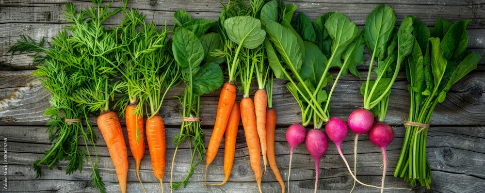Fresh carrots, radishes, and leafy greens displayed on old wooden planks. The natural colors of the vegetables pop against the weathered wood. Fresh carrots, radishes, and leafy greens displayed on old wooden planks. The natural colors of the vegetables pop against the weathered wood.
