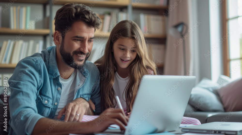 A supportive father guiding his teenage daughter through her homework at home, both using a laptop to access educational content A supportive father guiding his teenage daughter through her homework at home, both using a laptop to access educational content